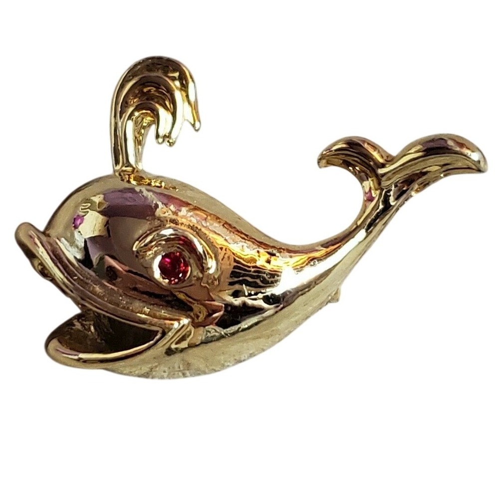 Vintage Gold Tone Spouting Whale Brooch Red‎ Rhinestone Eye Nautical Pin